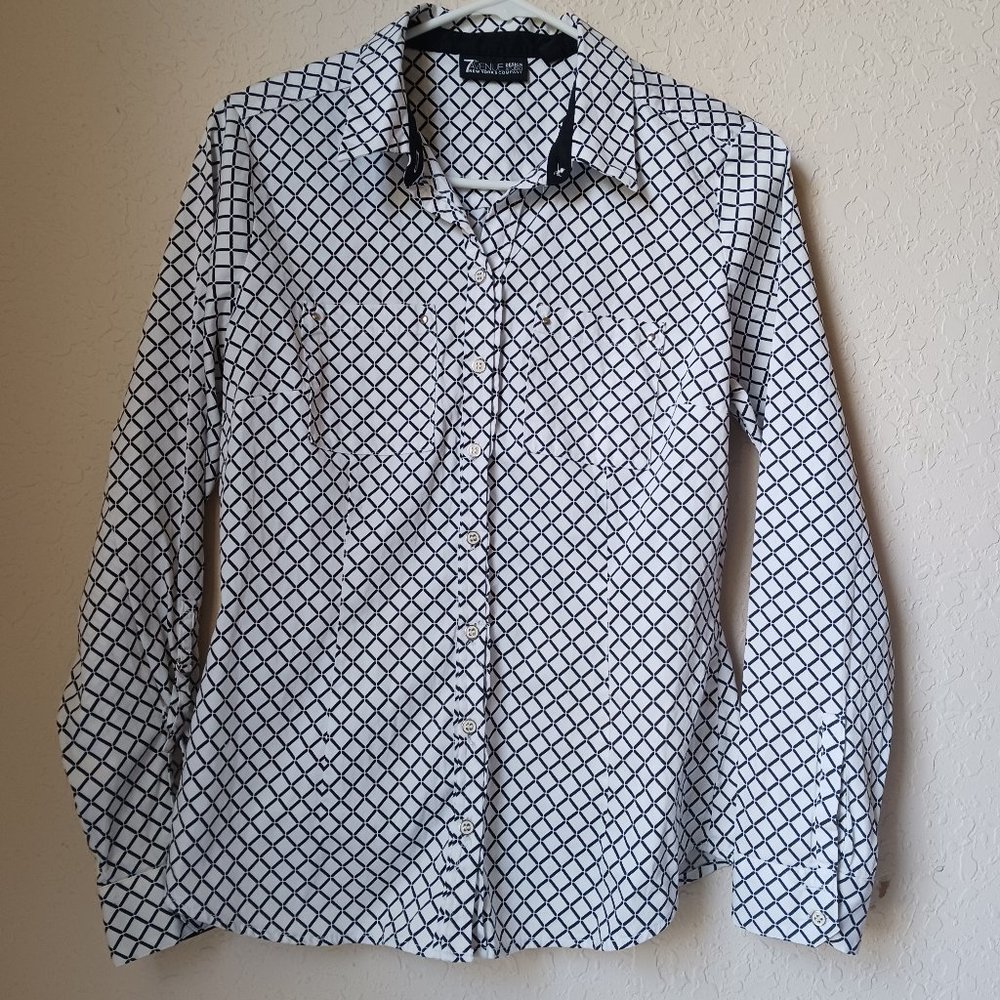 7th Ave New York & Co black and white button down, long sleeve collared blouse.